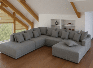 Sofa modułowa w przestronnym wnętrzu z dużymi oknami i drewnianymi elementami konstrukcyjnymi - Dubaj