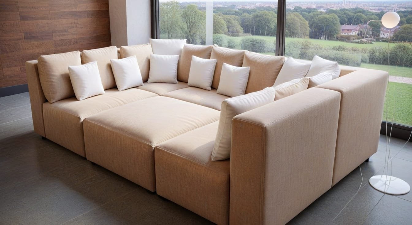 Duża, beżowa sofa modułowa w kształcie litery "U", z wieloma białymi poduszkami, w nowoczesnym salonie z dużymi oknami z widokiem na zielony krajobraz. Sofa ta jest złożona w funkcję spania - Holiday