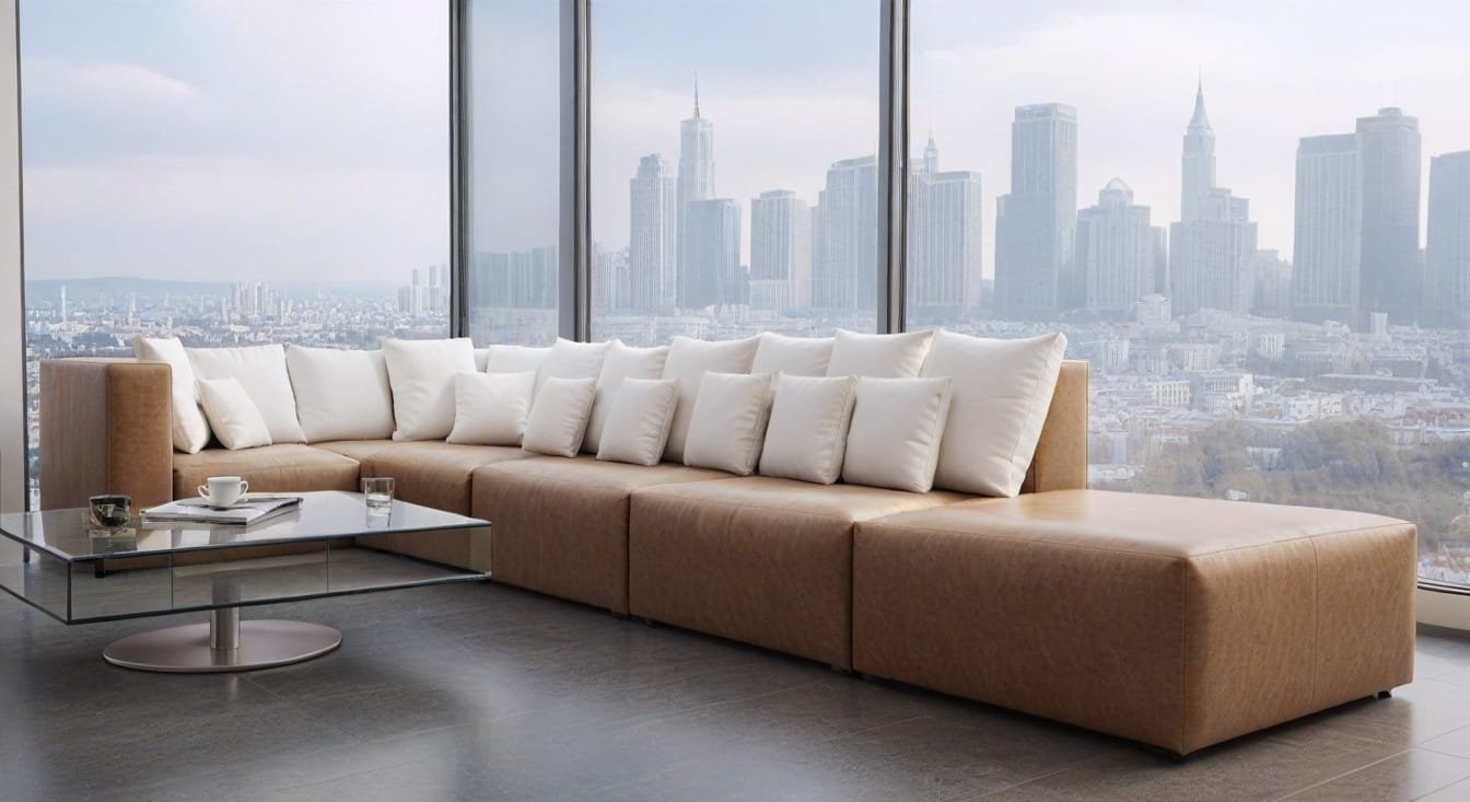 Duża, nowoczesna, modułowa sofa w kolorze beżowym z wieloma białymi poduszkami, ustawiona w narożniku w salonie z panoramicznymi oknami z widokiem na panoramę miasta. Przed sofą stoi szklany stolik kawowy na metalowej podstawie, z tacą z filiżanką i karafką - Holiday