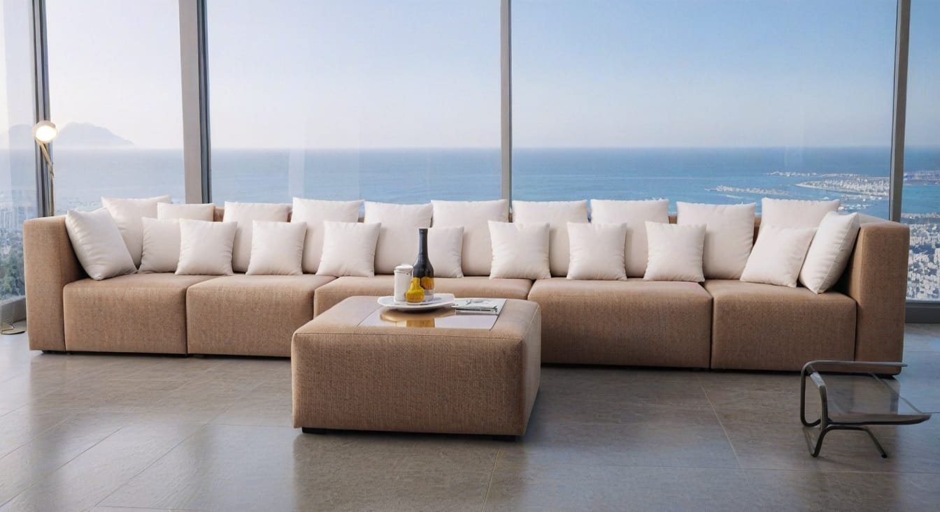 Duża, beżowa sofa modułowa z białymi poduszkami, ustawiona w nowoczesnym salonie z dużymi oknami z widokiem na ocean - Holiday