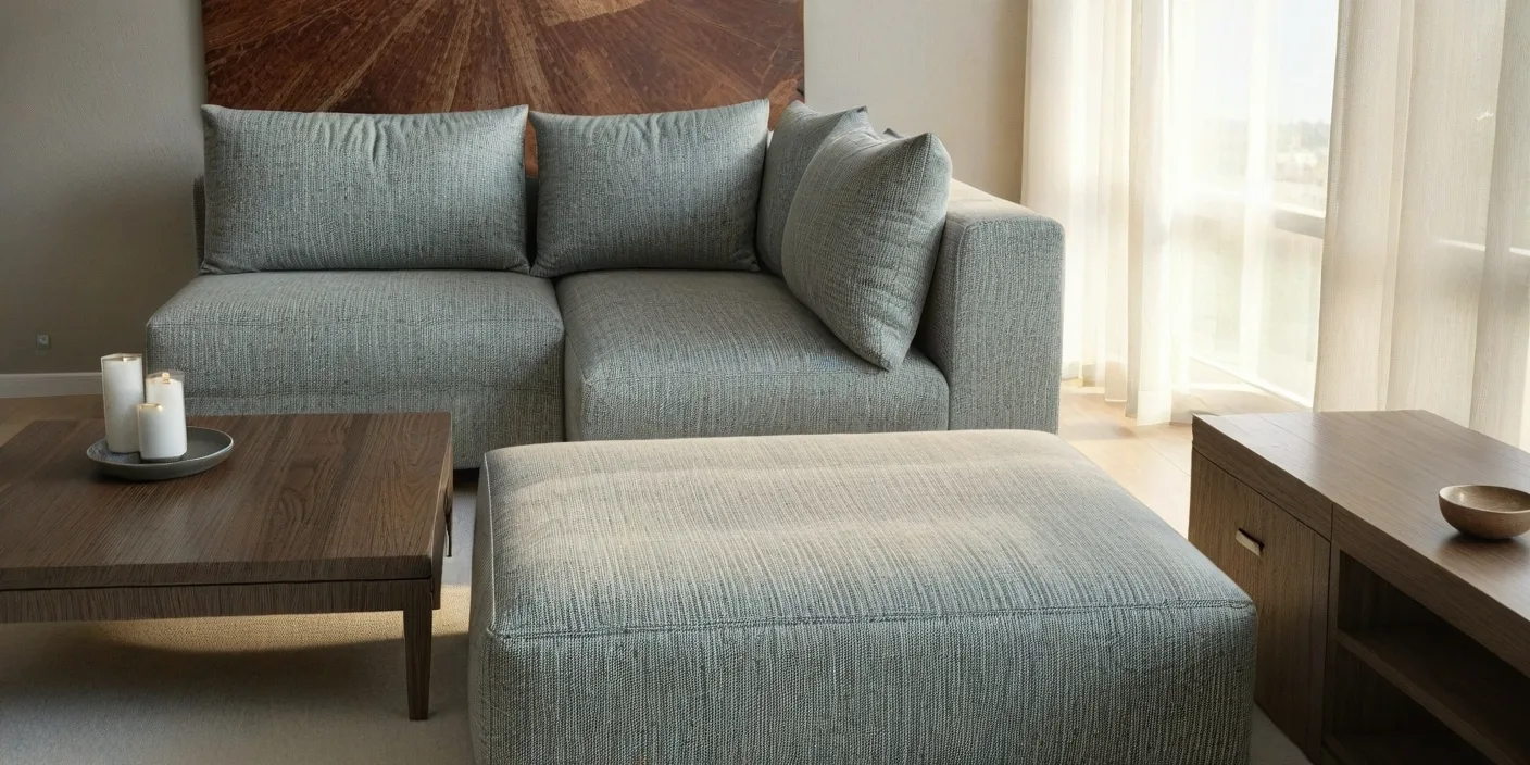 Nowoczesna, modułowa sofa narożna z dopasowaną pufą w salonie- Napo