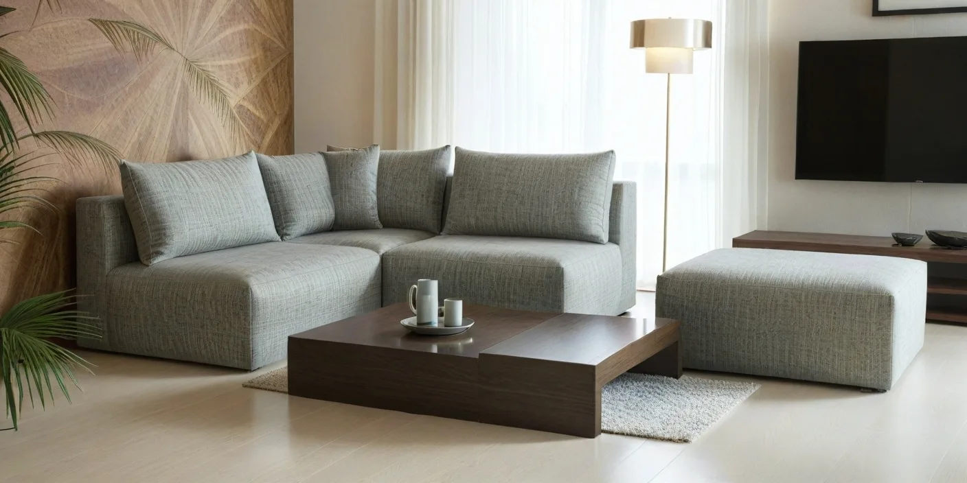 Nowoczesna, modułowa szara sofa narożna z pufą w salonie, obok stolika kawowego - Napo