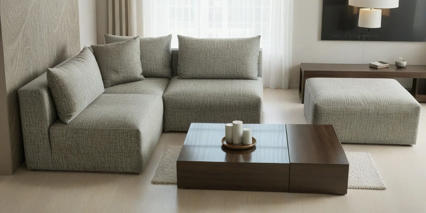 Nowoczesna, modułowa szara sofa narożna z dopasowaną pufą w salonie, obok stolika kawowego - Napo