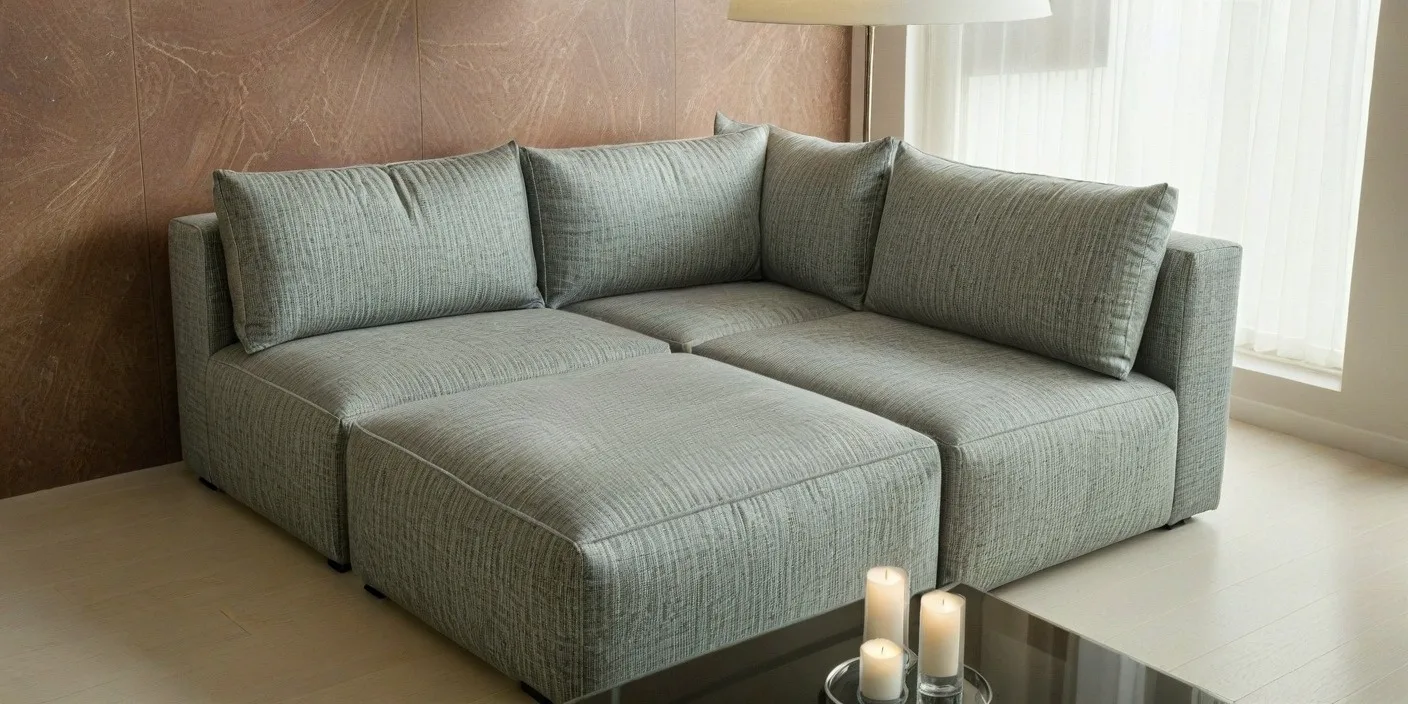 Nowoczesna, modułowa szara sofa narożna z dopasowaną pufą w salonie, obok stolika kawowego z białymi świecami - Napo