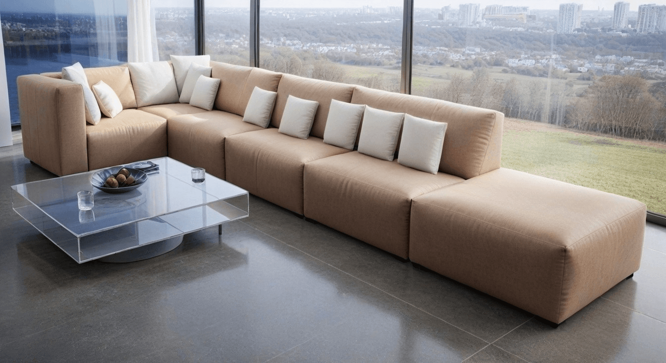 Duża, modułowa sofa w kolorze beżowym z białymi poduszkami, ustawiona w narożniku, obok przezroczystego szklanego stolika kawowego. W tle widać duże okna z widokiem na miasto i zalesiony teren - Holiday