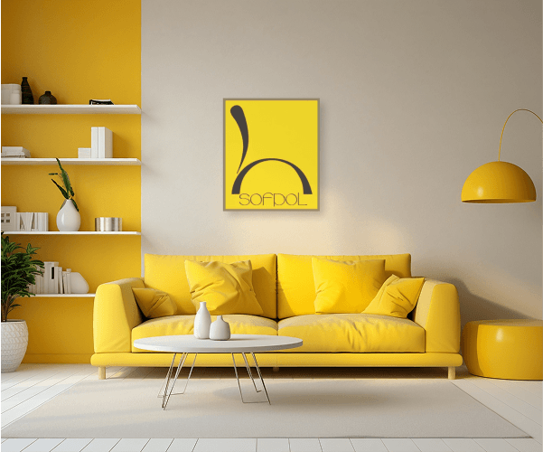 Jasne wnętrze z minimalistycznym designem, okrągłym stolikiem kawowym i obrazem z logo "SOFPOL" polskie meble tapicerowane