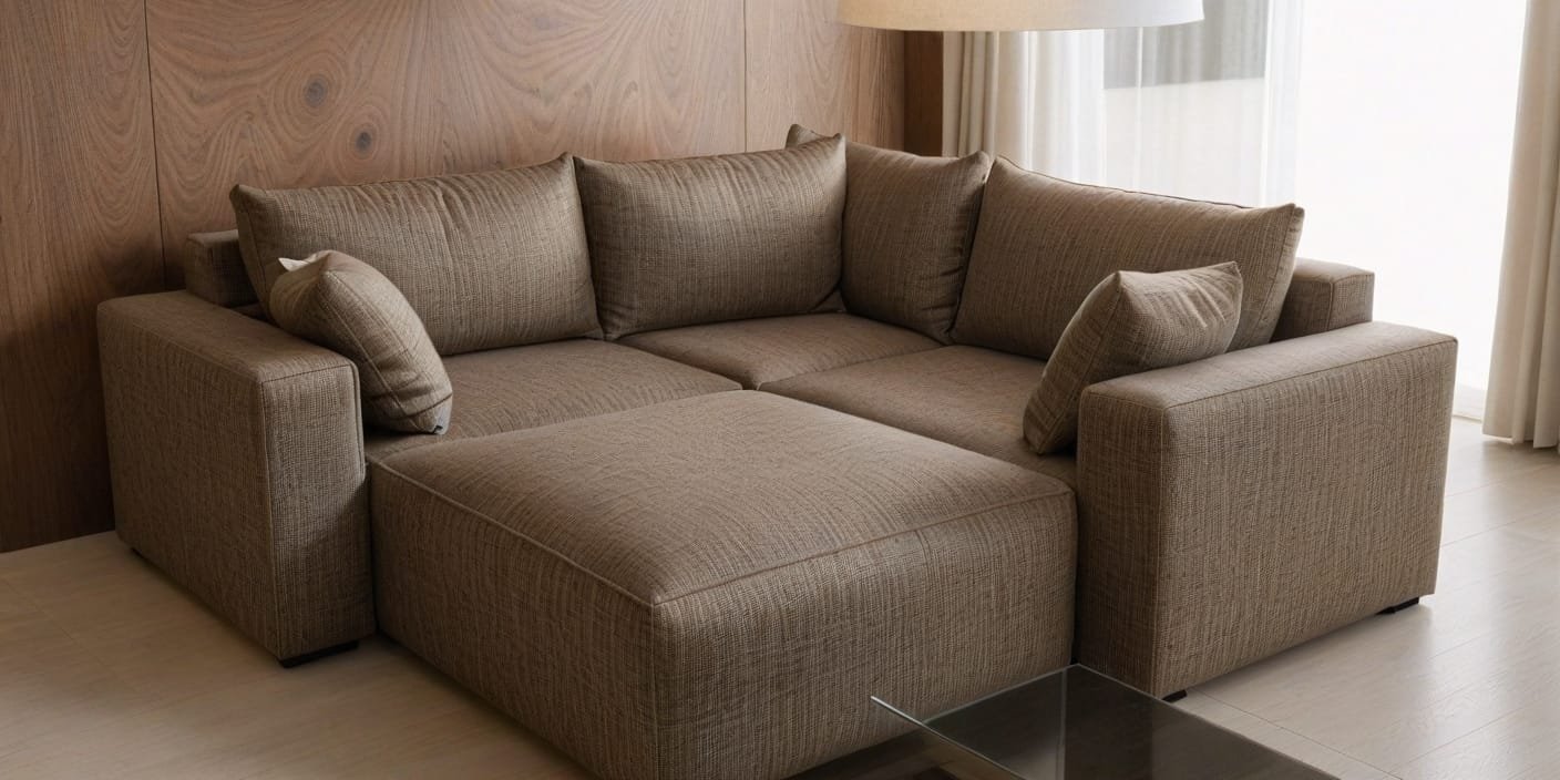 Nowoczesna, beżowa sofa modułowa z wieloma poduszkami, złożona w funkcję spania - Rodos