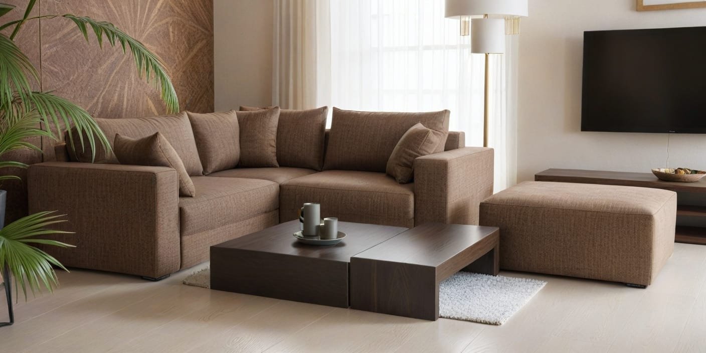 Nowoczesna, beżowa sofa modułowa z wieloma poduszkami, stolikiem kawowym i brązową pufą w minimalistycznym salonie - Rodos