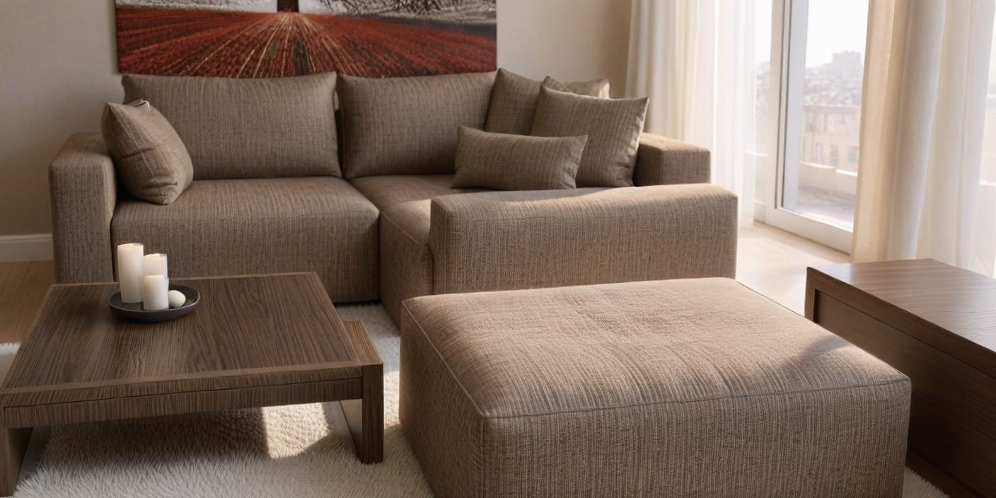 Nowoczesna, beżowa sofa modułowa z wieloma poduszkami, stolikiem kawowym z białymi świecami i brązową pufą w minimalistycznym salonie z dużym obrazem na ścianie - Rodos