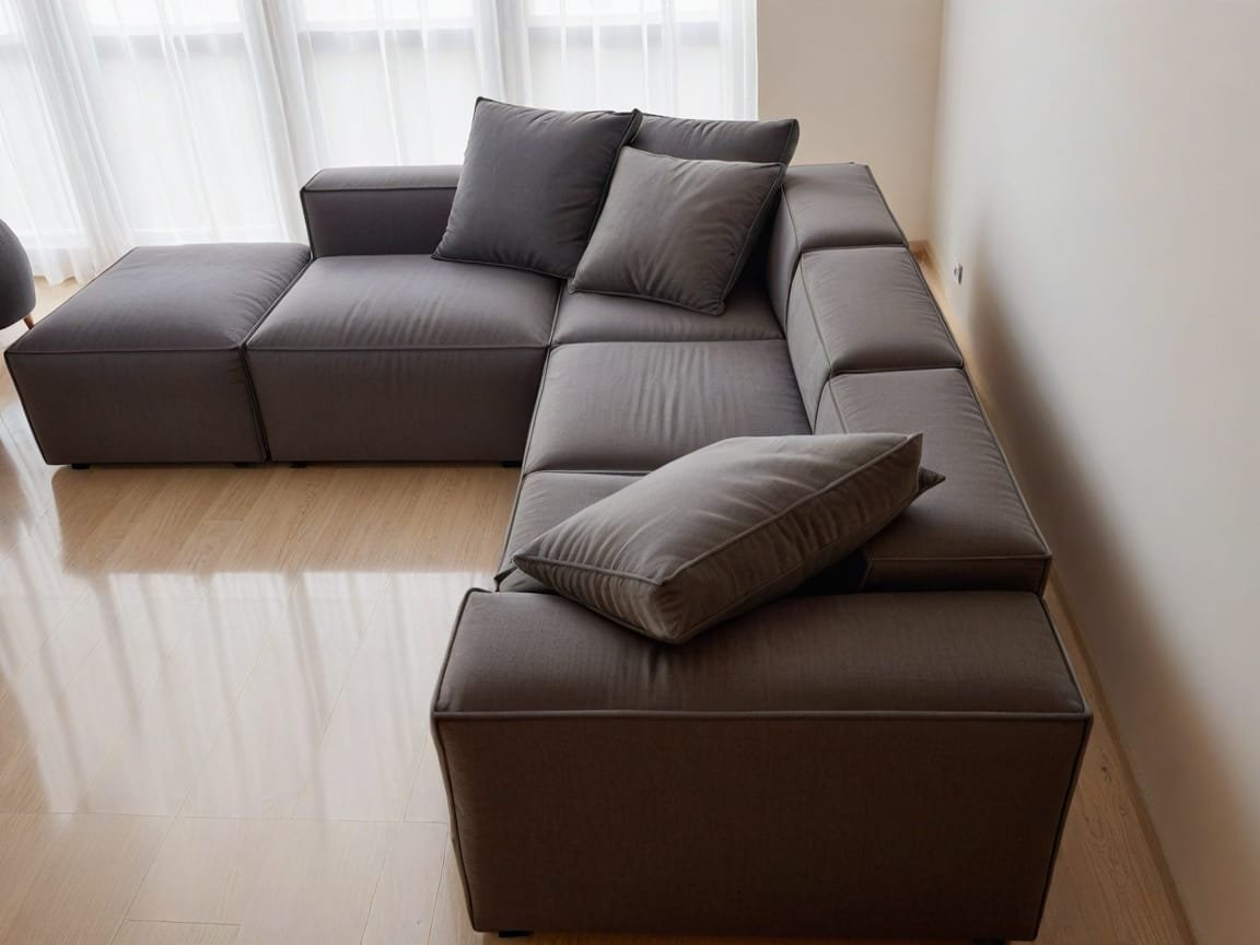 Nowoczesna szara sofa modułowa z leżanką i poduszkami, stojąca na drewnianej podłodze w jasnym wnętrzu - Esperanza