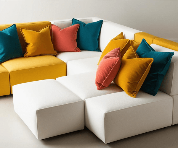 Kolorowe moduły kanapy z kolorowymi poduszkami polskie meble tapicerowane