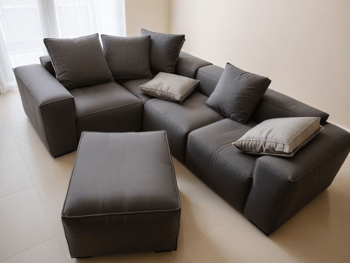 Modułowy zestaw wypoczynkowy w ciemnoszarym kolorze oraz zestawem poduszek , z dużymi oknami w tle - esperanza