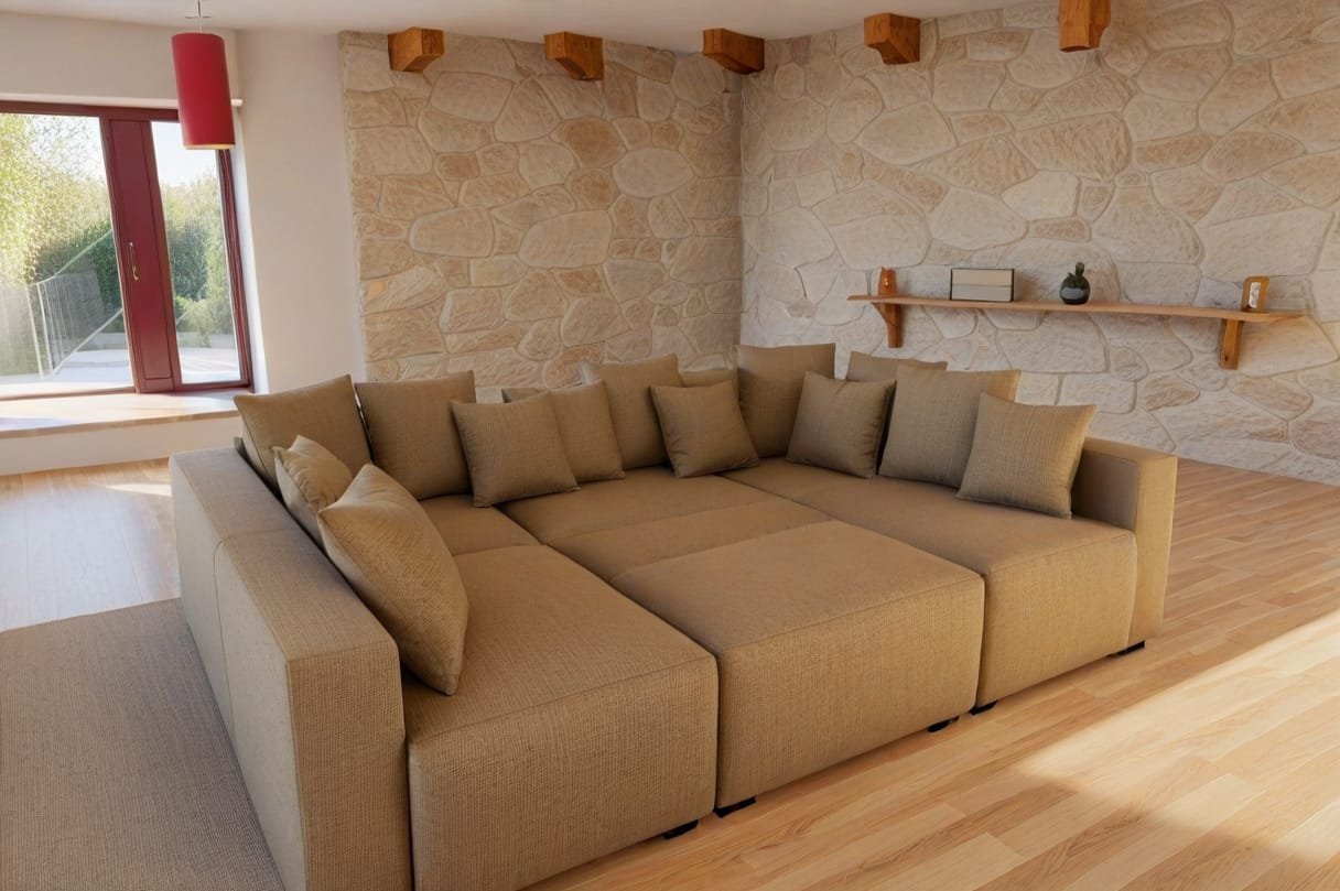 Kanapa z zestawem poduszek , złożona w funkcję spania w salonie - Sunrise