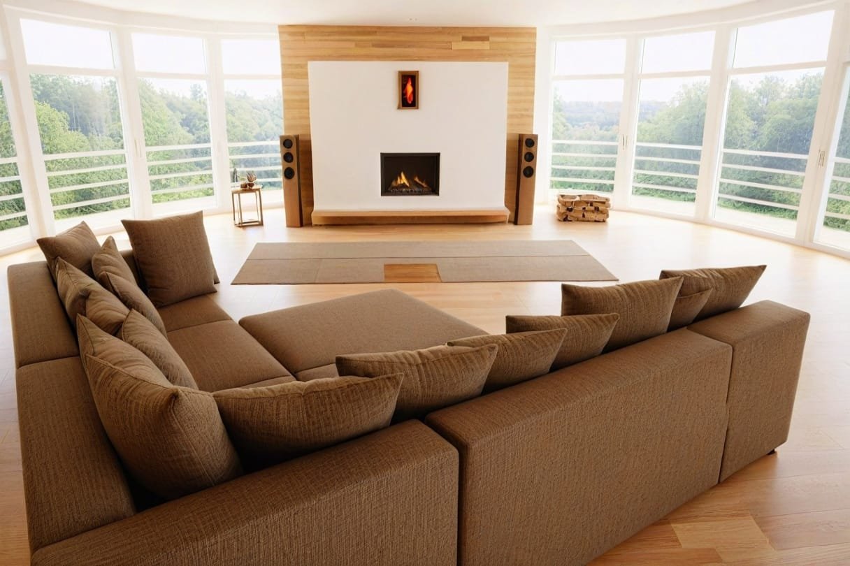 Przestronne wnętrze z drewnianą podłogą, minimalistycznym wystrojem i dużą sofą z wieloma poduszkami - Sunrise