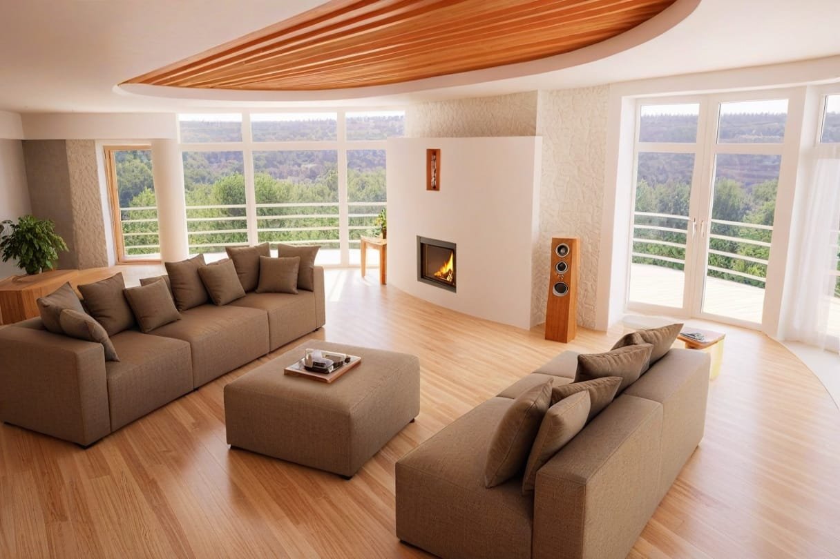Nowoczesny salon z wygodną brązową kanapą i kominkiem, z widokiem na zewnątrz- Sunrise