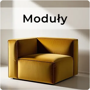 Elegancki, złoty moduł oświetlony delikatnym dziennym światłem oraz napis nazwy kategorii "Moduły"