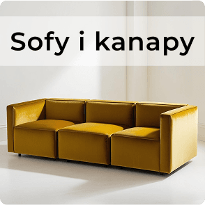Elegancka, złota kanapa oświetlona delikatnym dziennym światłem oraz napis nazwy kategorii "Sofy i kanapy"